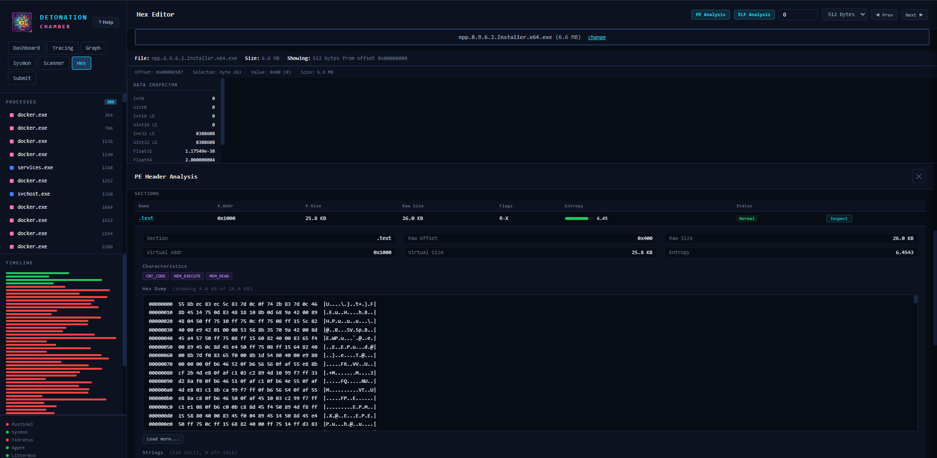 PE Analyzer - text header section with entropy visualization