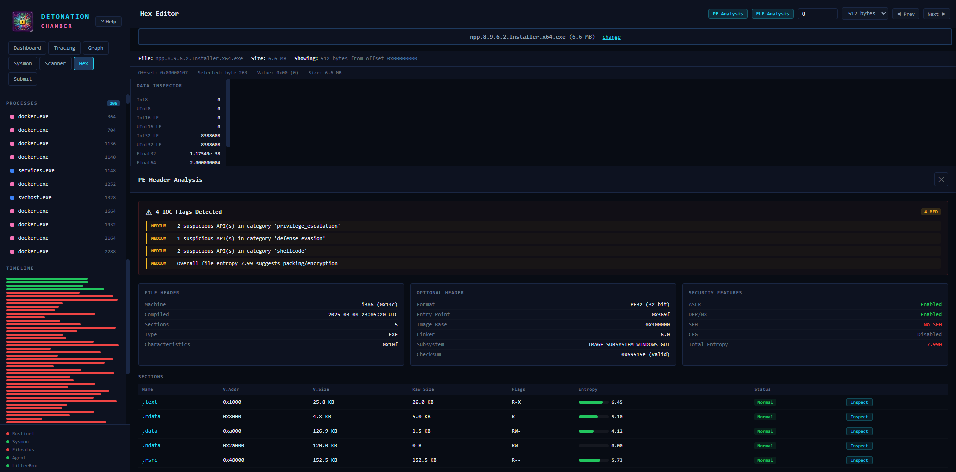 PE Header Analyzer showing security features and section details